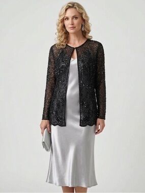 Joseph Ribkoff Vintage Gala Silk Beaded Sheer Jacket Button Blouse Top Dressy M